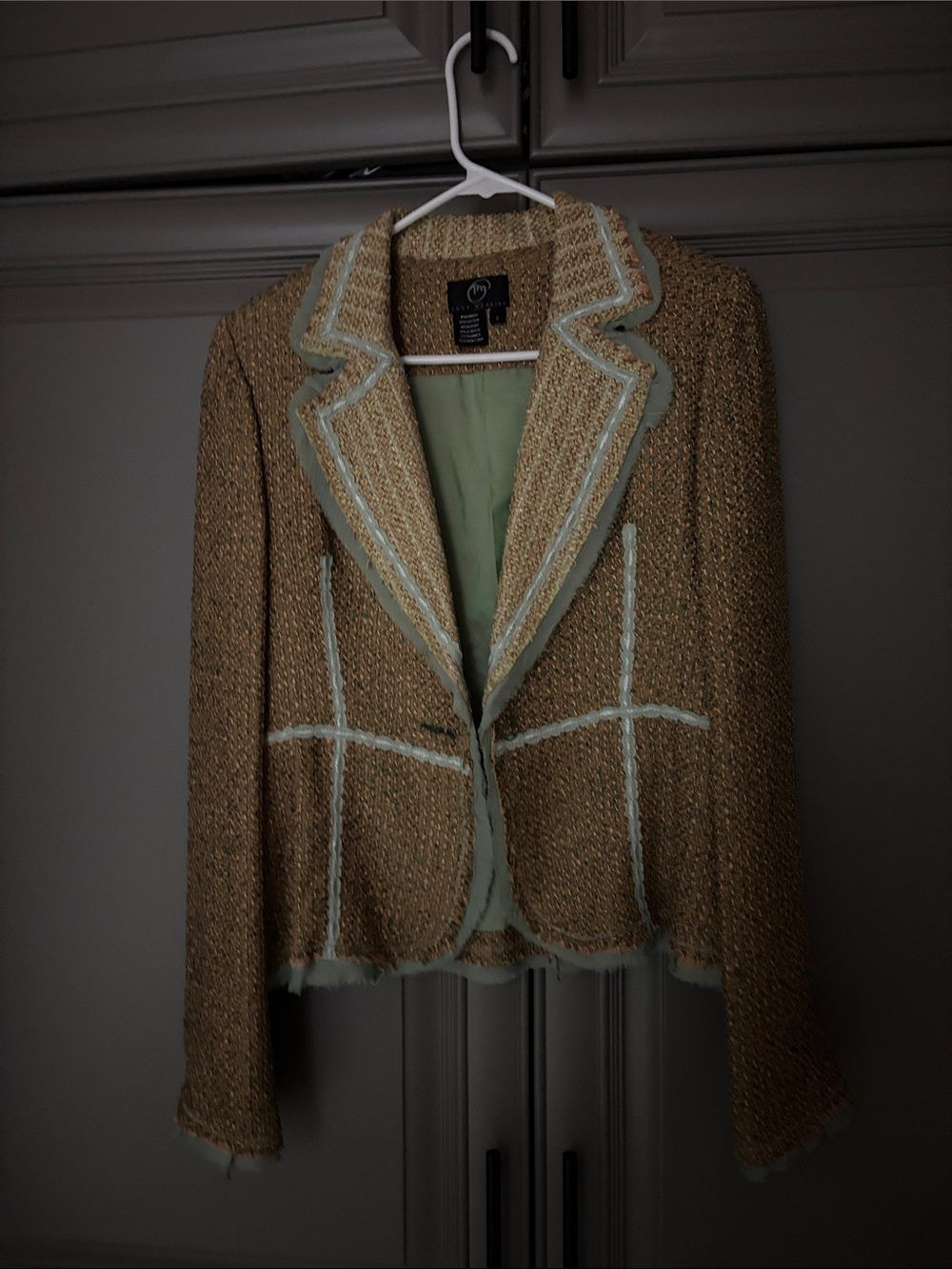 True Meaning Tan Tweed Blazer with Cream Trim and Light Green Accents